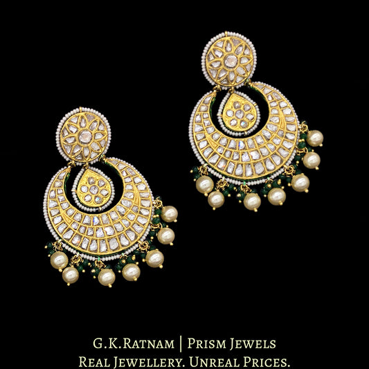 23k Gold and Diamond Polki Chand Bali Earring Pair with pearls and green beads - G. K. Ratnam
