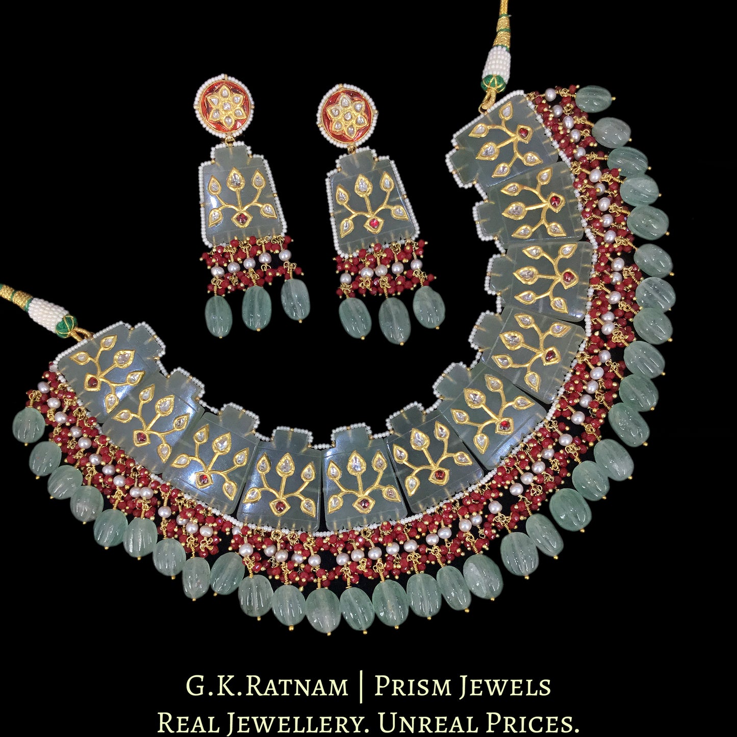 23k Gold and Diamond Polki Necklace Set with intricate Polki Inlays