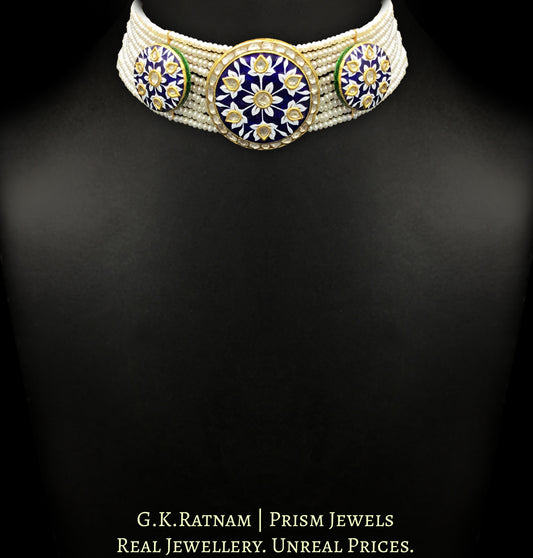 23k Gold and Diamond Polki Choker Necklace Set with exquisite blue pottery - G. K. Ratnam