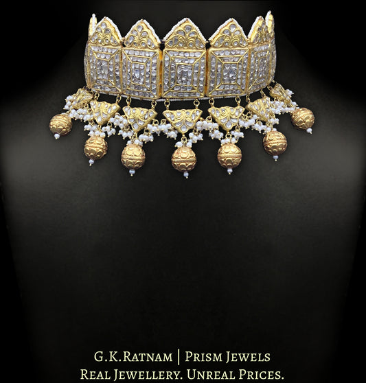 23k Gold and Diamond Polki Choker Necklace with natural freshwater pearls and hand-carved golden balls