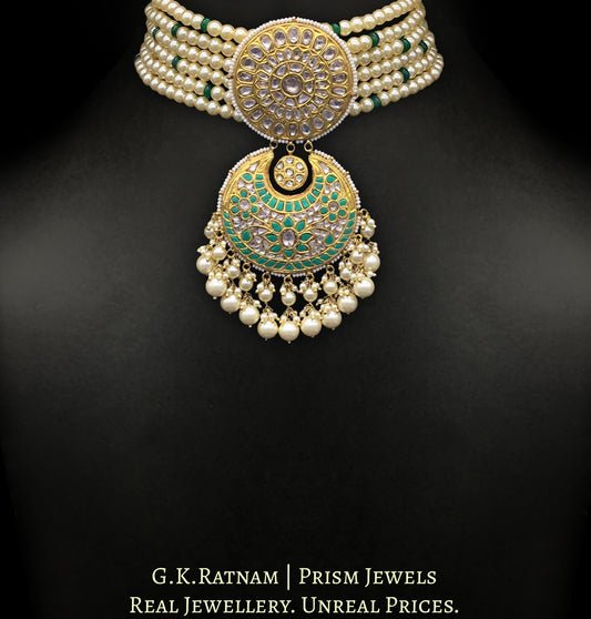 23k Gold and Diamond Polki Turquoise Choker Necklace Set delicately strung in lustrous pearls - G. K. Ratnam