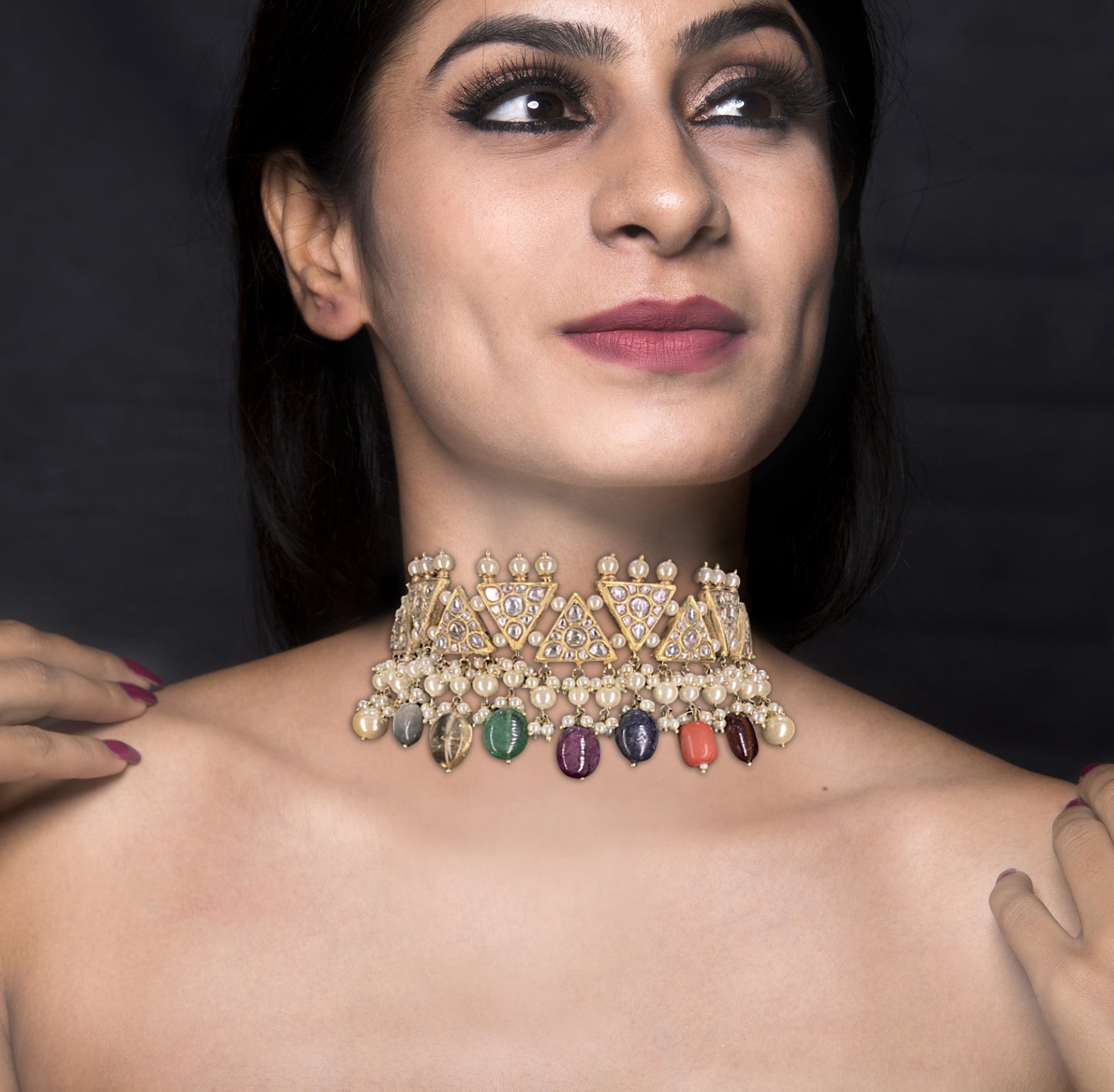 23k Gold and Diamond Polki Choker Necklace With Pearls and Navratna Hangings