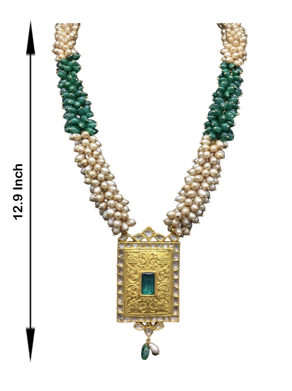 22k Gold and Diamond Polki green-center Rectangle Pendant Set with emerald-grade green beryl tumbles - G. K. Ratnam