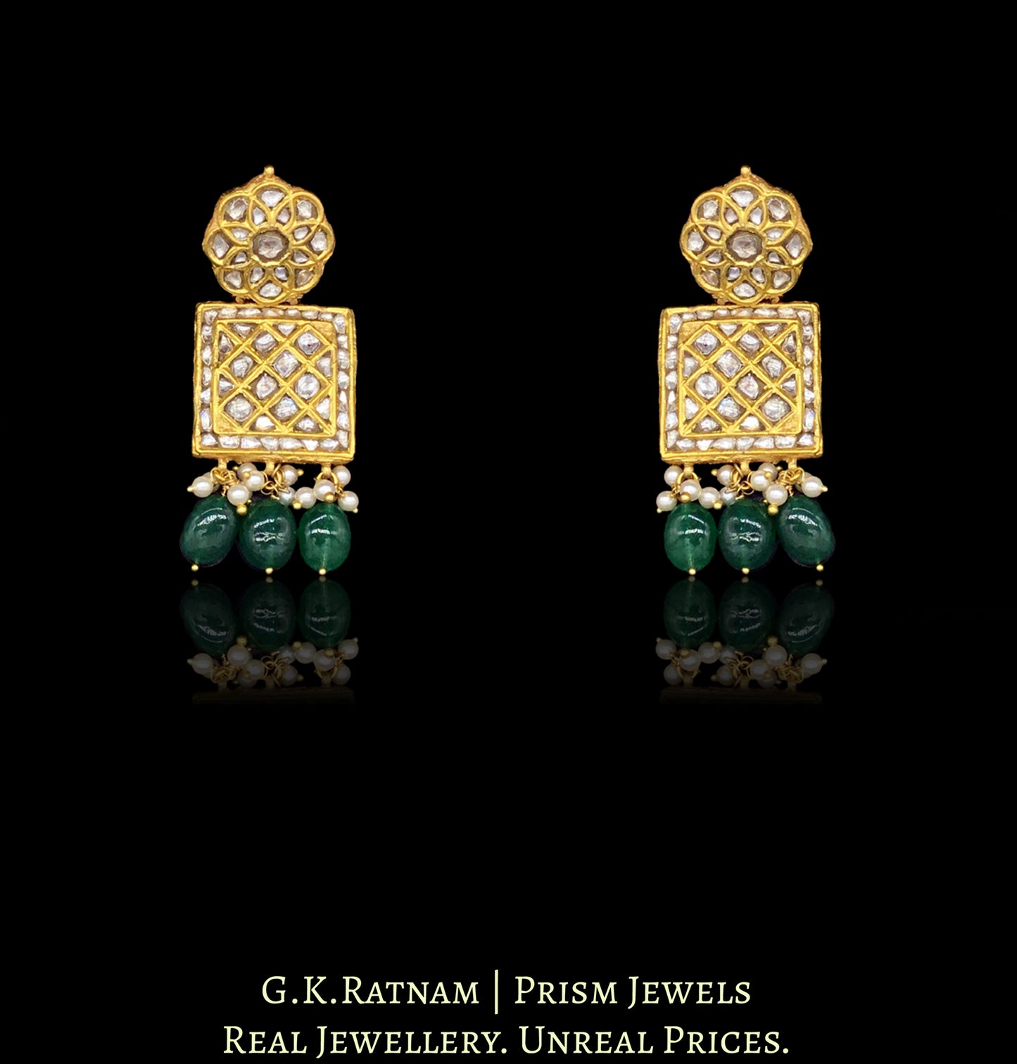 23k Gold and Diamond Polki Choker Necklace Set with green beryls and lustrous shell pearls