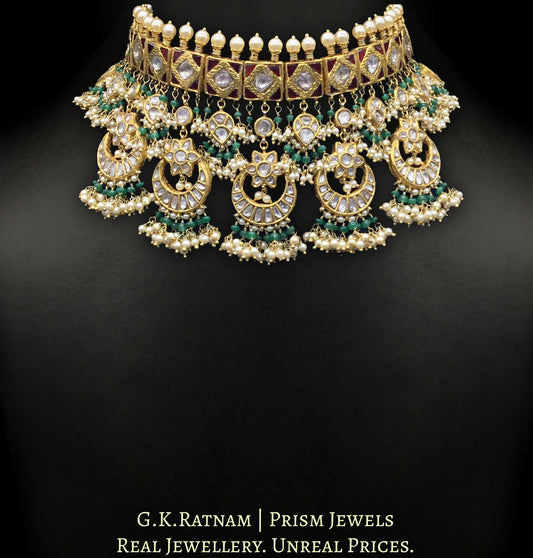 23k Gold and Diamond Polki red-green Choker Necklace Set with multiple chands strung in emerald-grade beryls
