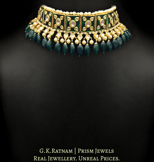 23k Gold and Diamond Polki Choker Necklace Set with green meenakari and emerald-grade green beryls