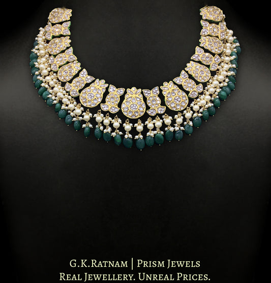 23k Gold and Diamond Polki Collar Necklace Set with emerald-grade green beryls and lustrous pearls - G. K. Ratnam