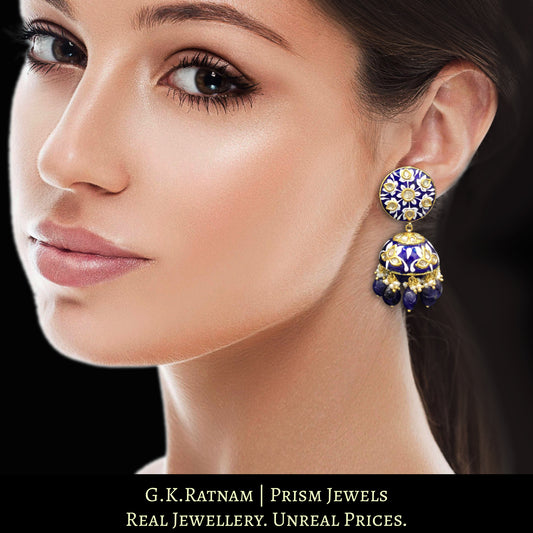 23k Gold and Diamond Polki Jhumki Earring Pair with intricate white & royal blue pottery