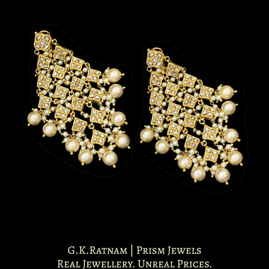 23k Gold and Diamond Polki kite-shaped Chandelier Earring Pair with lustrous pearls - G. K. Ratnam
