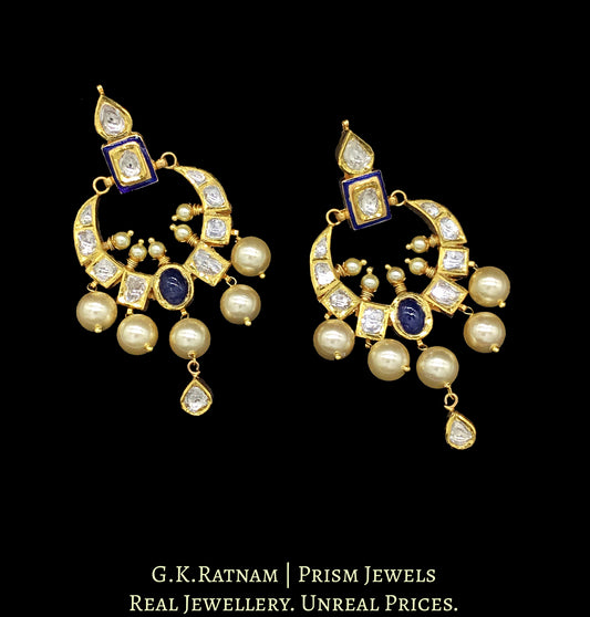 18k Gold and Diamond Polki Chand Bali Earring Pair with blue enamel - G. K. Ratnam