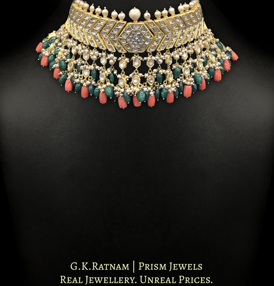 23k Gold and Diamond Polki Choker Necklace Set with Corals, Beryls and Antiqued Hyderabadi Pearls - G. K. Ratnam