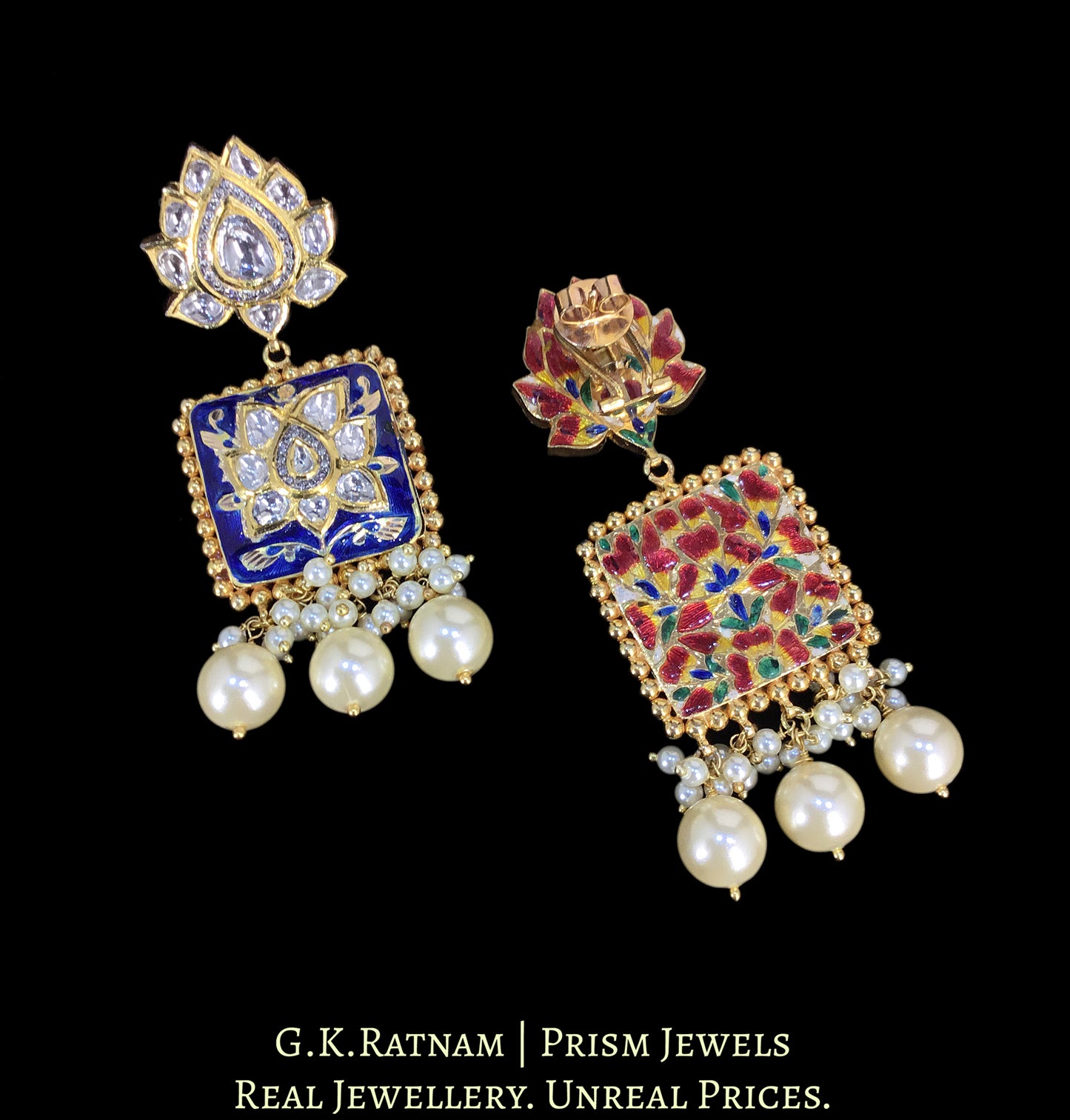 18k Gold and Diamond Polki Long Earring Pair with intricate Blue Enamelling