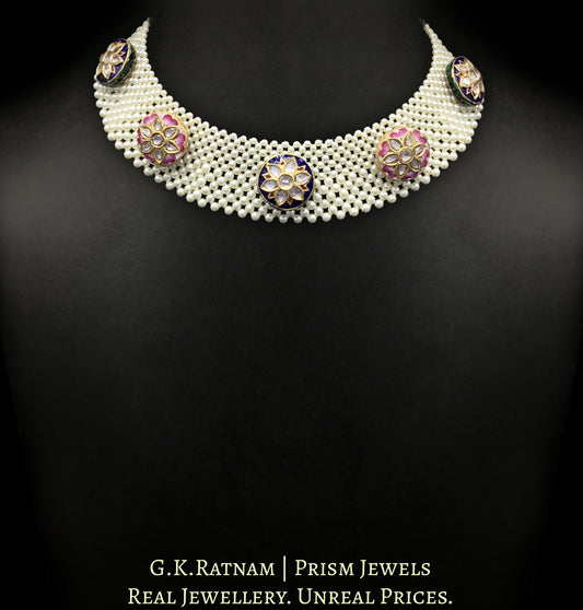 23k Gold and Diamond Polki Necklace Set with blue and pink meenakari rounds strung intricately in a pearl mesh - G. K. Ratnam
