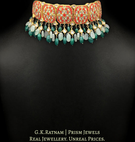 23k Gold and Diamond Polki Choker Necklace with vibrant corals (moonga) - G. K. Ratnam