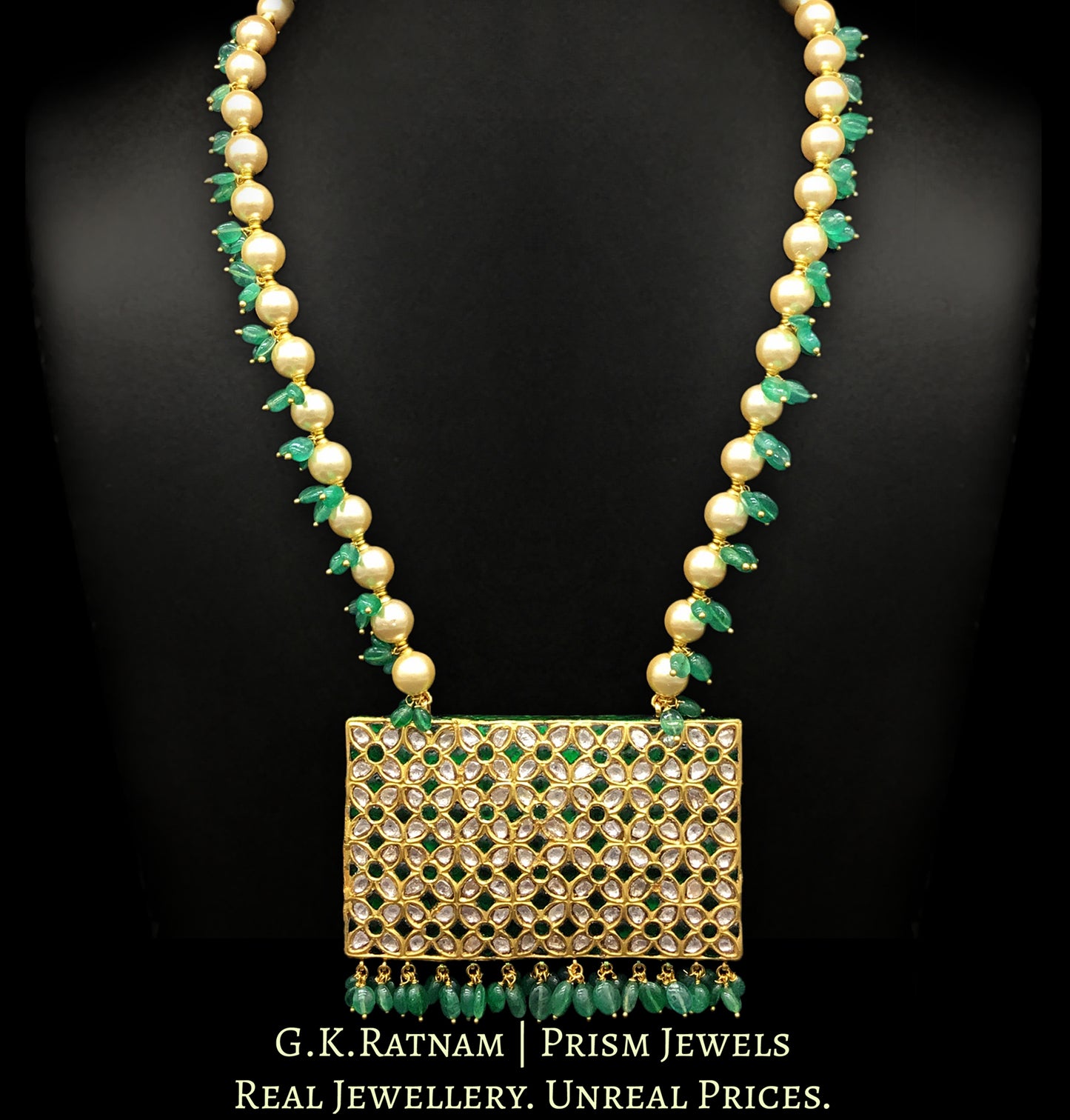 23k Gold and Diamond Polki green rectangle Pendant with pearls and green beryls