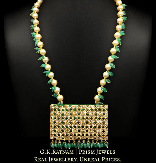 23k Gold and Diamond Polki green rectangle Pendant with pearls and green beryls