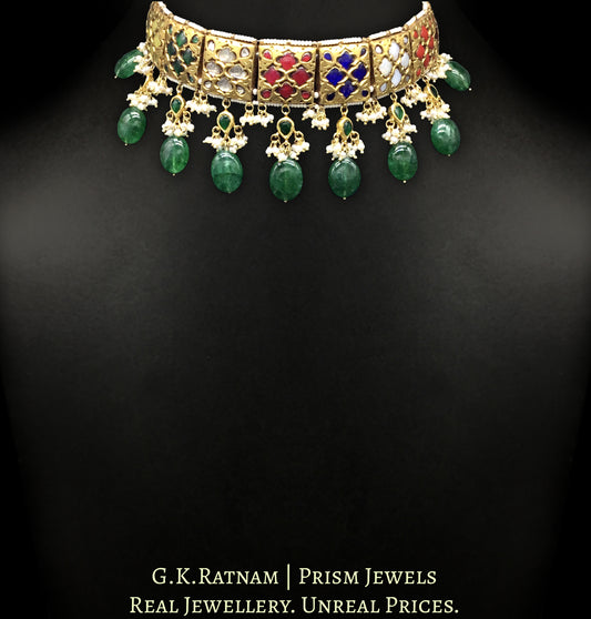 23k Gold and Diamond Polki Navratna Choker Necklace Set with Natural Freshwater Pearls and Green Beryls