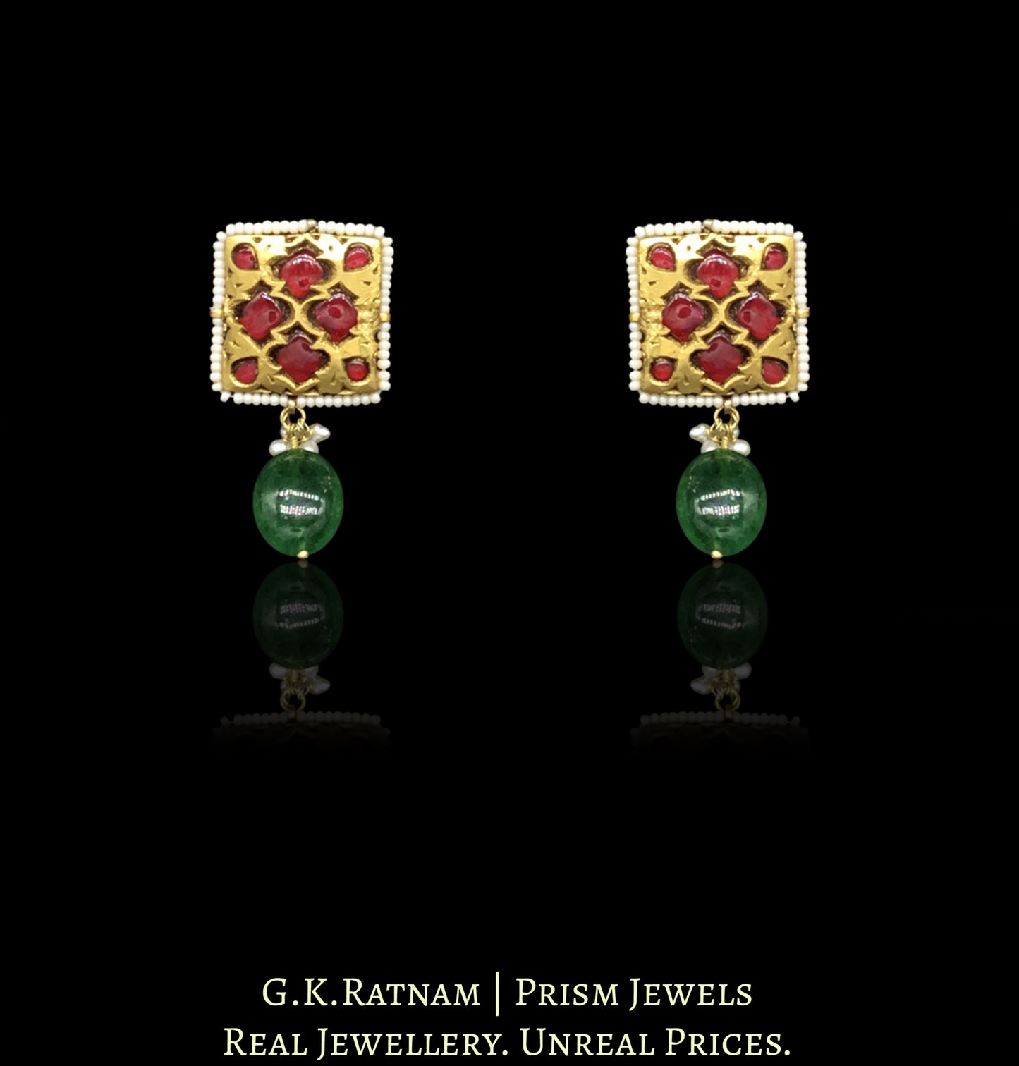 23k Gold and Diamond Polki Navratna Choker Necklace Set with Natural Freshwater Pearls and Green Beryls