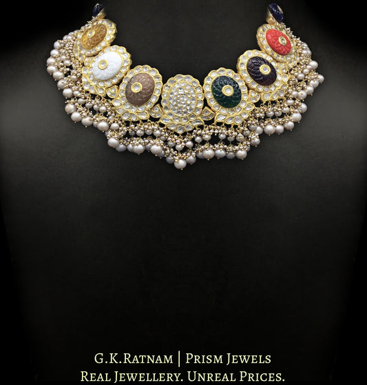 23k Gold and Diamond Polki Navratna Necklace Set with Antiqued Freshwater Pearls