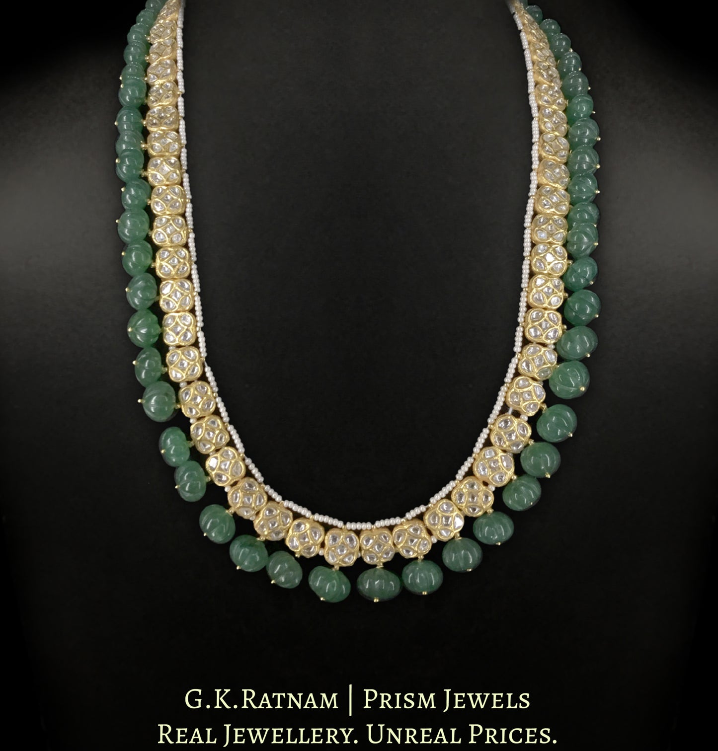 23k Gold and Diamond Polki Long Necklace with Square tikdas strung With Aventurine Quartz Melons - G. K. Ratnam