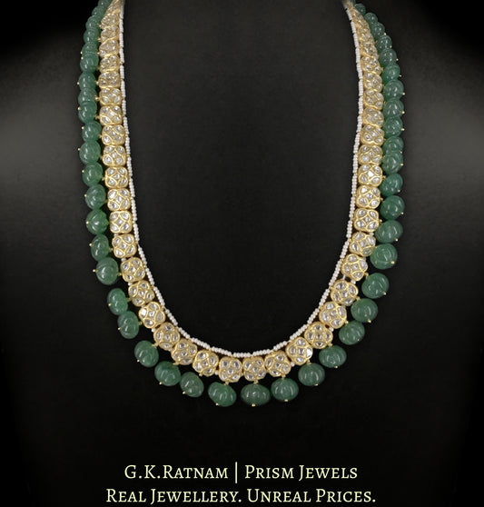 23k Gold and Diamond Polki Long Necklace with Square tikdas strung With Aventurine Quartz Melons - G. K. Ratnam