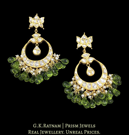18k Gold and Diamond Polki Chand Bali Earring Pair with Peridot drops - G. K. Ratnam
