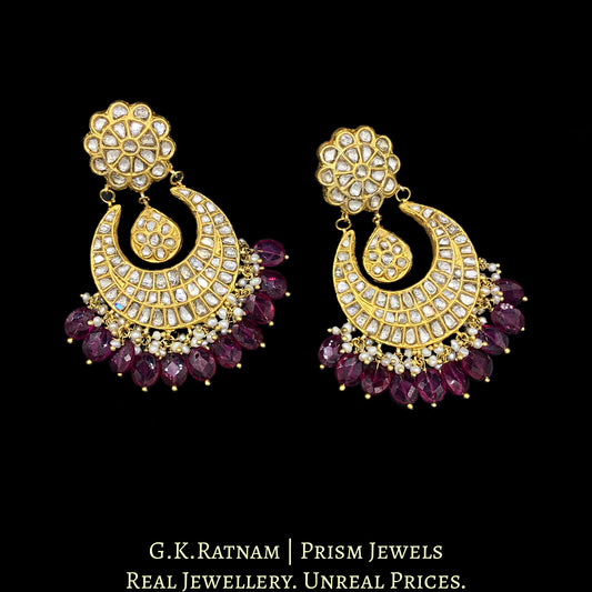 23k Gold and Diamond Polki Chand Bali Earring pair with natural freshwater pearls and tourmaline-look red stones