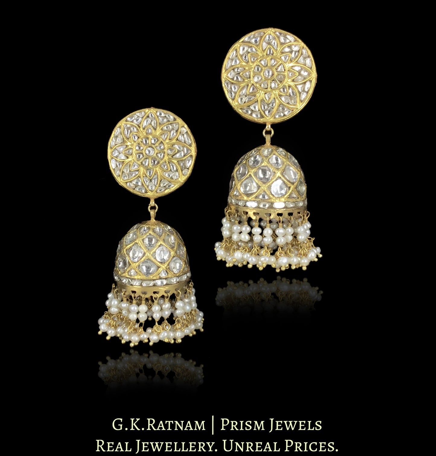 23k Gold and Diamond Polki Jhumki Earring Pair With Natural Hyderabadi Pearls - G. K. Ratnam