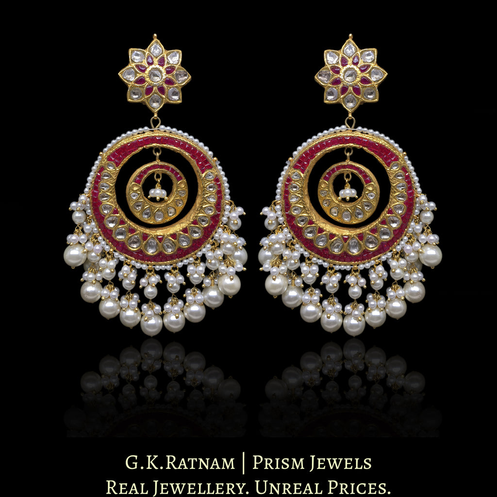 23k Gold and Diamond Polki Chand Bali Earring Pair with Rubies