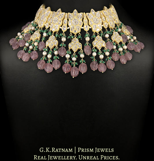 23k Gold and Diamond Polki Necklace Set with Strawberry Quartz, Green Beryls and Antiqued Pearls
