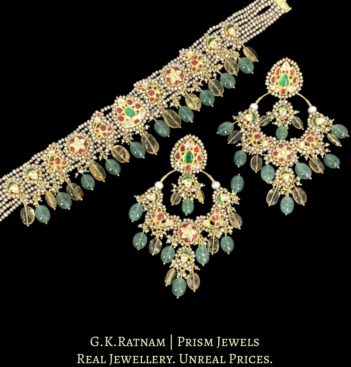 18k Gold And Diamond Polki Choker Necklace Set strung in Antiqued Hyderabadi Pearls - G. K. Ratnam