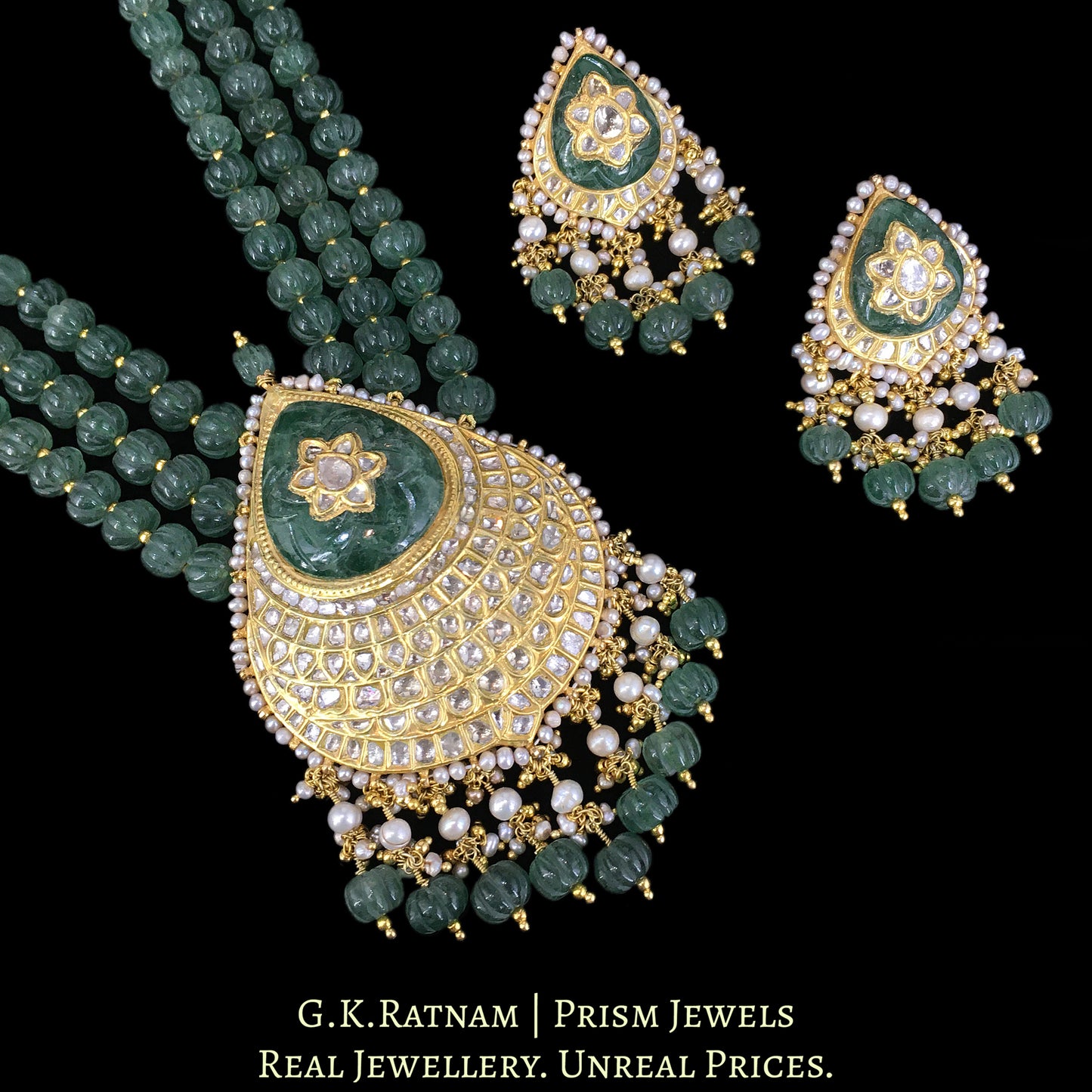 23k Gold and Diamond Polki Pendant Set enhanced with Strawberry Quartz Melons