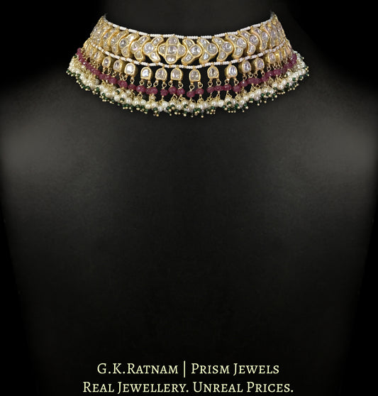23k Gold and Diamond Polki Choker Necklace Set with Natural Rubies and Lustrous Pearl Bunches - G. K. Ratnam