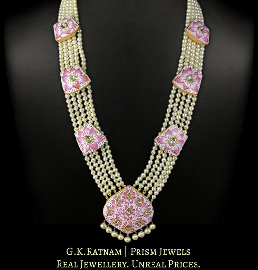 23k Gold and Diamond Polki Ranihaar / Patrihaar Necklace Set with intricate Pink Enamelling