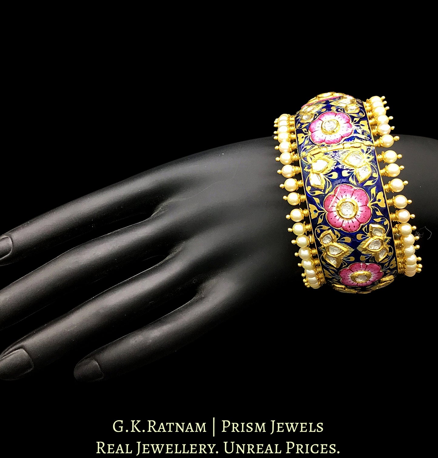 22k Gold and Diamond Polki Pink and Blue Enamel broad Bangle - G. K. Ratnam