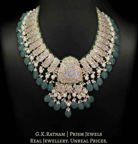 23k Gold and Diamond Polki Long Necklace Set with Carved Long Melons and Lustrous Pearls - G. K. Ratnam