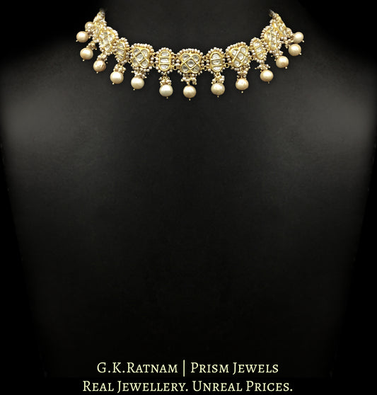 23k Gold and Diamond Polki Choker Necklace with Antiqued Hyderabadi Pearls - G. K. Ratnam