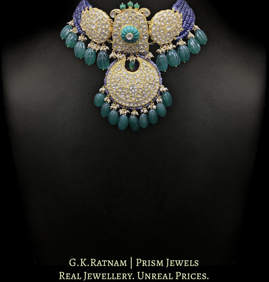23k Gold and Diamond Polki Choker Necklace with Blue Sapphires and Green Quartz Melons - G. K. Ratnam