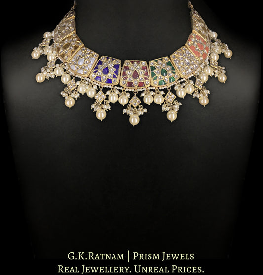 23k Gold and Diamond Polki Navratna Necklace Set enhanced with Lustrous Pearls
