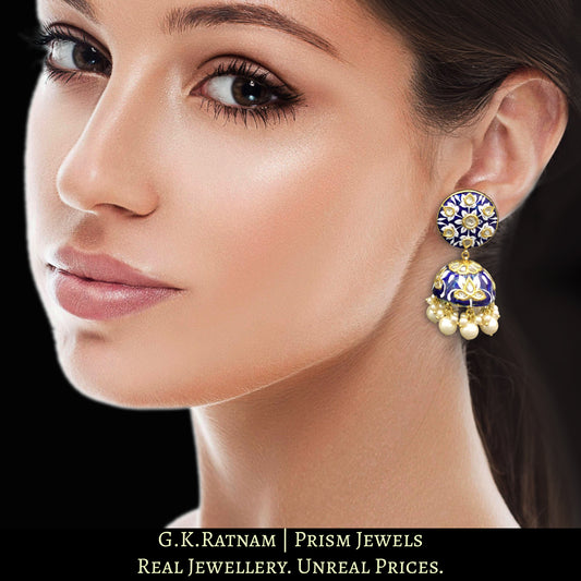 23k Gold and Diamond Polki Jhumki Earring Pair with royal blue enamelling