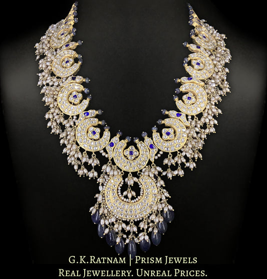 23k Gold and Diamond Polki Long Necklace with Chand Motifs strung in Antiqued Rice Pearls and Blue Sapphires