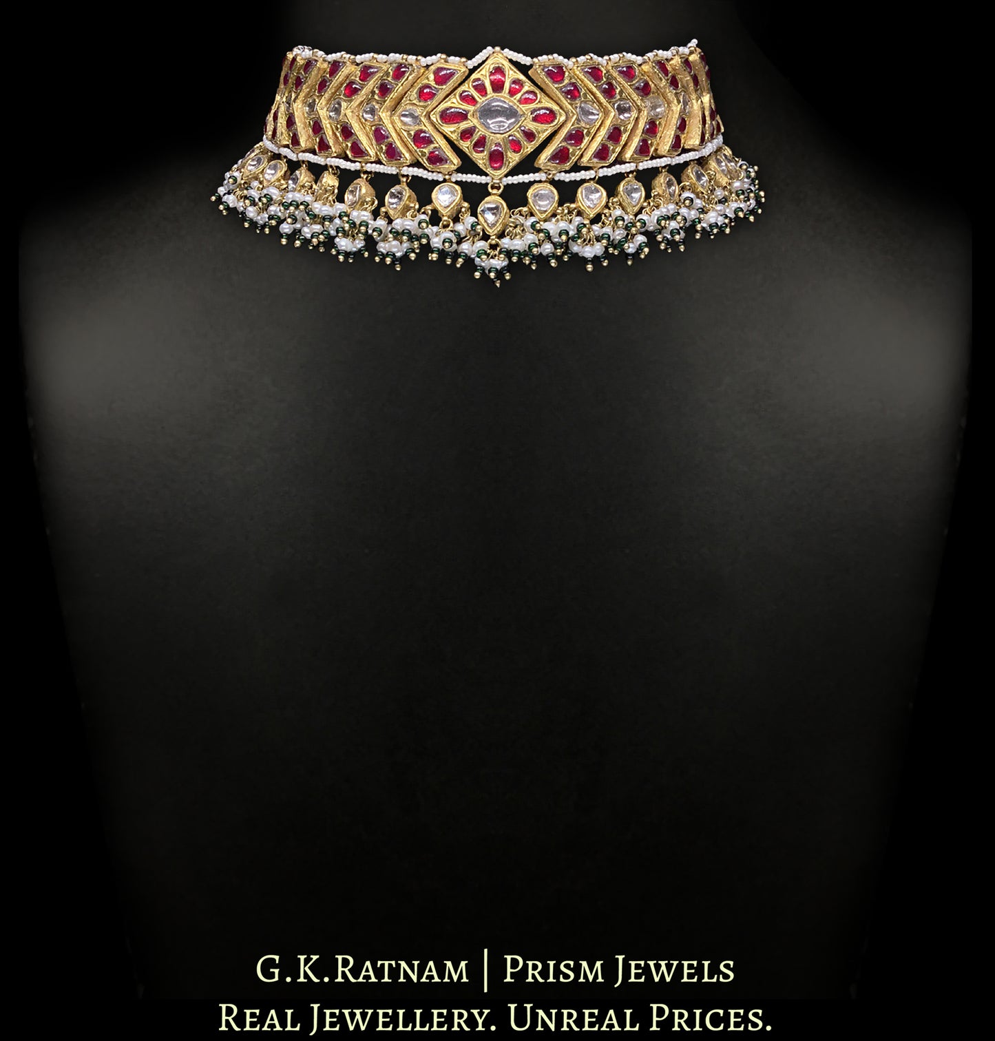 23k Gold and Diamond Polki south-style V-Choker Necklace With Natural Freshwater Pearls