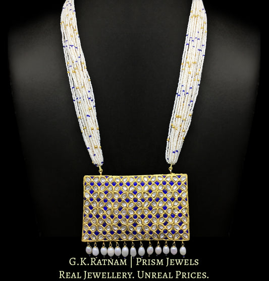 23k Gold and Diamond Polki blue rectangle Pendant with chid pearl bunches - G. K. Ratnam