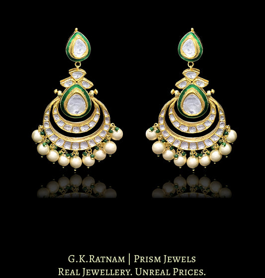 22k Gold and Diamond Polki Chand Bali Earring Pair with Green Enamelling - G. K. Ratnam