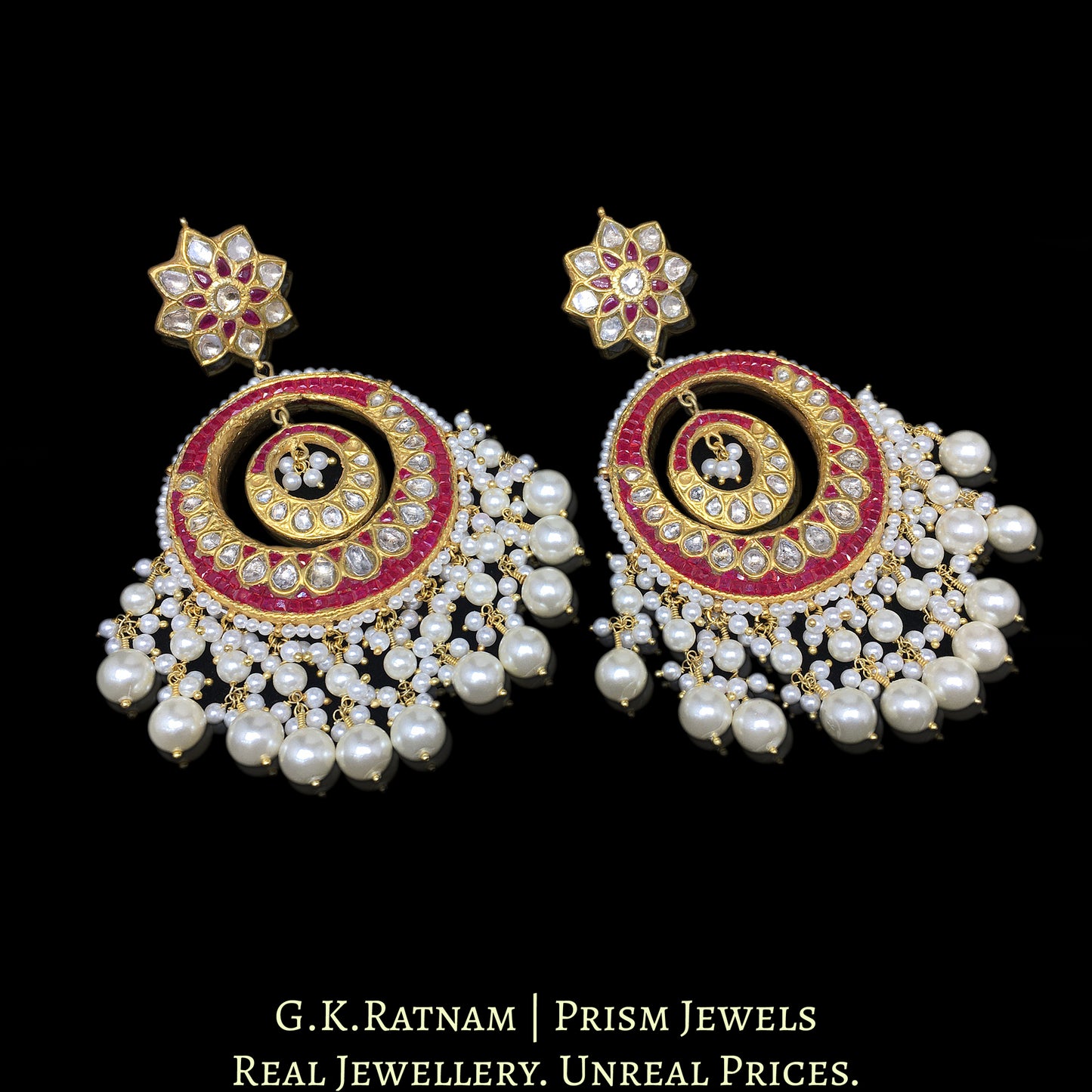 23k Gold and Diamond Polki Chand Bali Earring Pair with Rubies