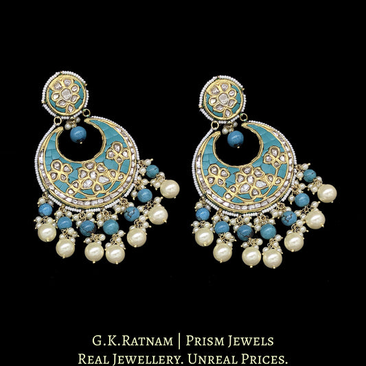 23k Gold and DIamond Polki Chand Bali Earring Pair with Turquoise Setting - G. K. Ratnam
