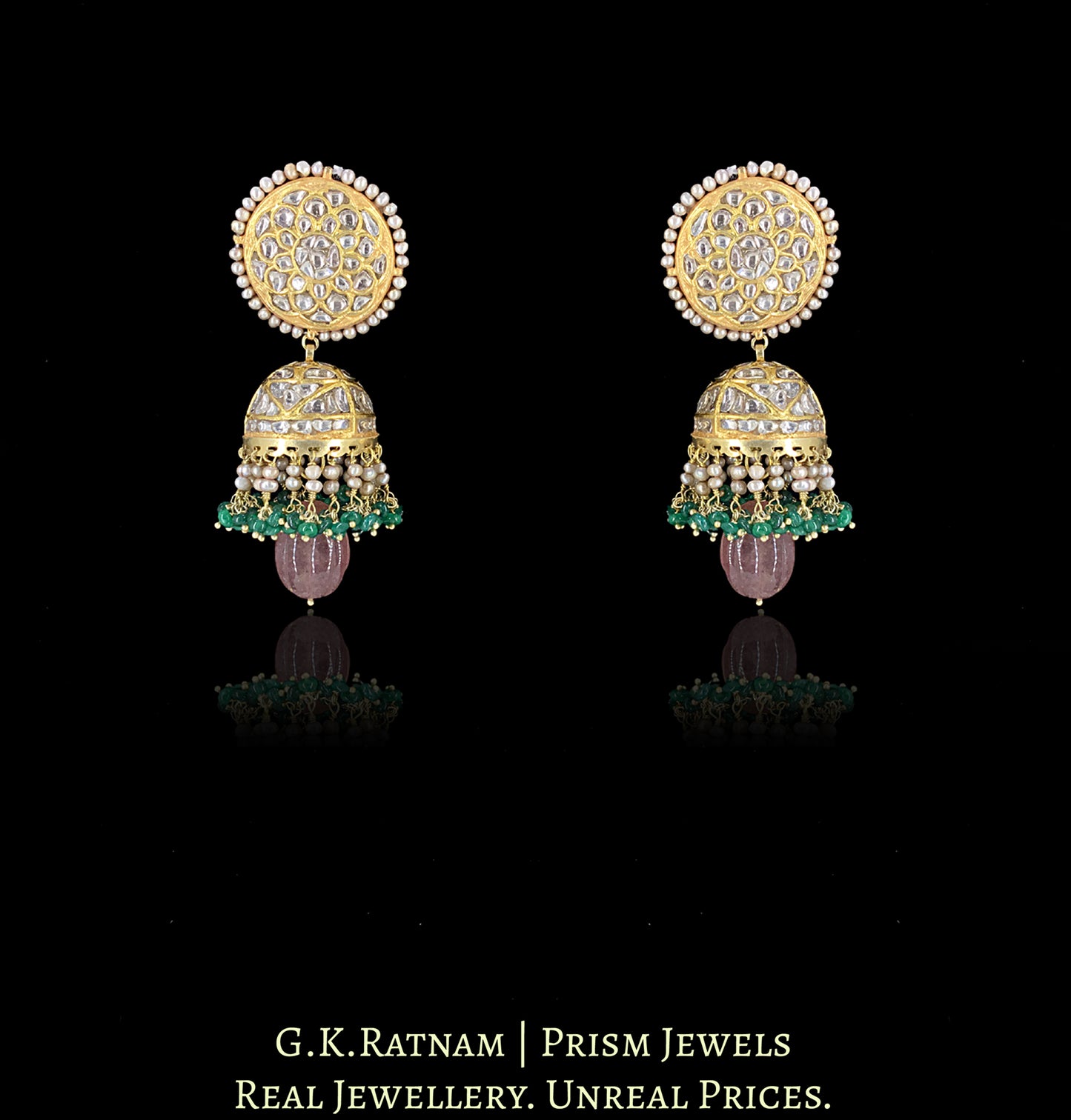 23k Gold and Diamond Polki Necklace Set with Strawberry Quartz, Green Beryls and Antiqued Pearls