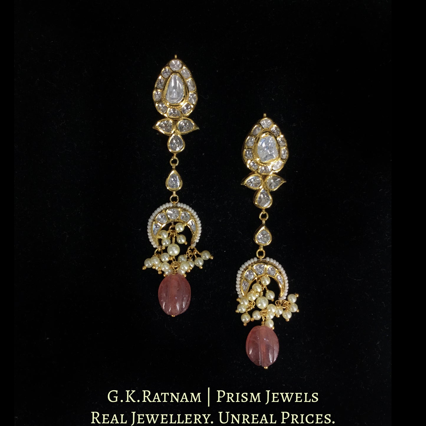 18k Gold and Diamond Polki Choker Necklace Set with pear-shaped motifs enhanced by hand-carved Strawberry Quartz Melons and Pearls - G. K. Ratnam
