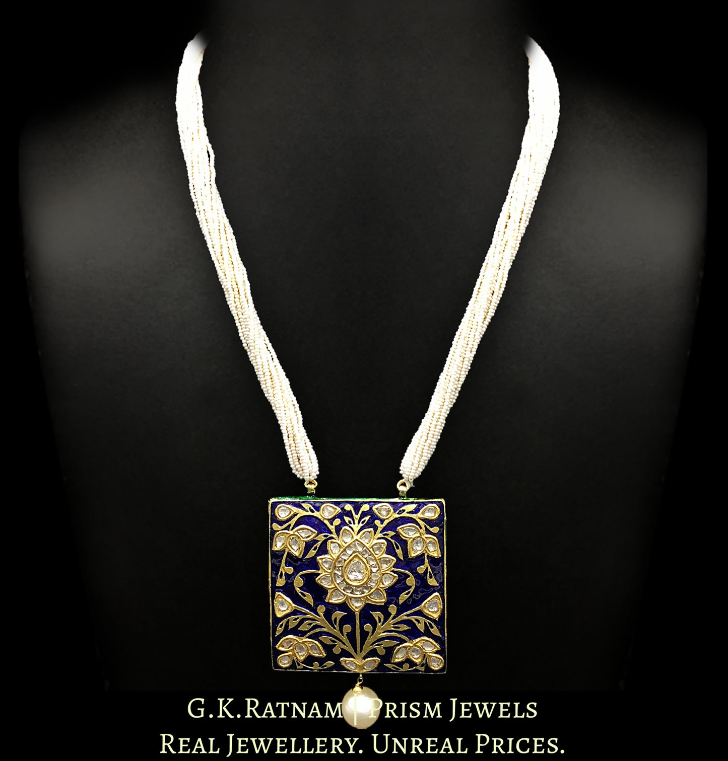 23k Gold and Diamond Polki square Pendant with soothing royal blue meenakari - G. K. Ratnam