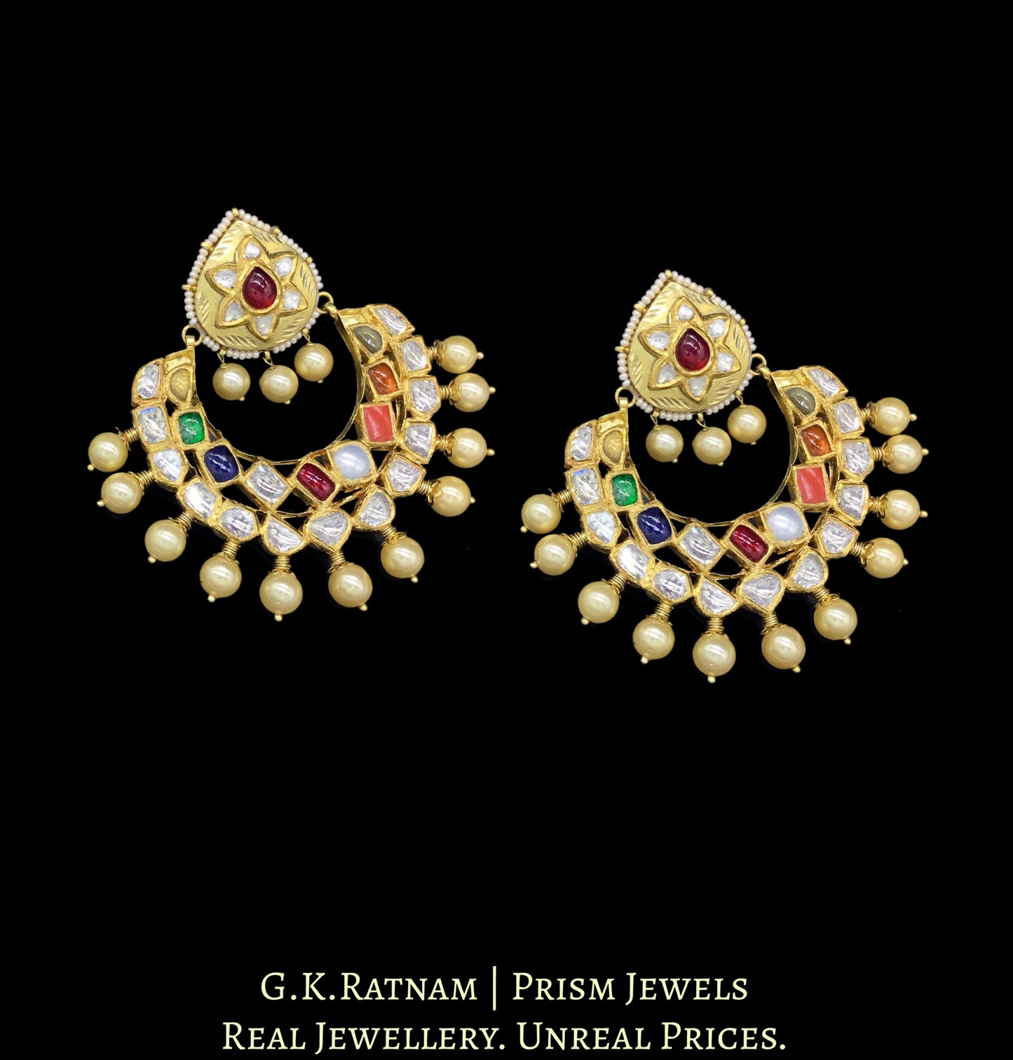 18k Gold and Diamond Polki Chand Bali Earring Pair with Navratna Stones - G. K. Ratnam